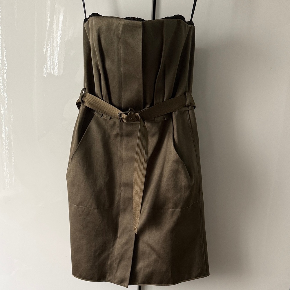 Marc Jacobs Khaki Satin Strapless Dress with Belt small